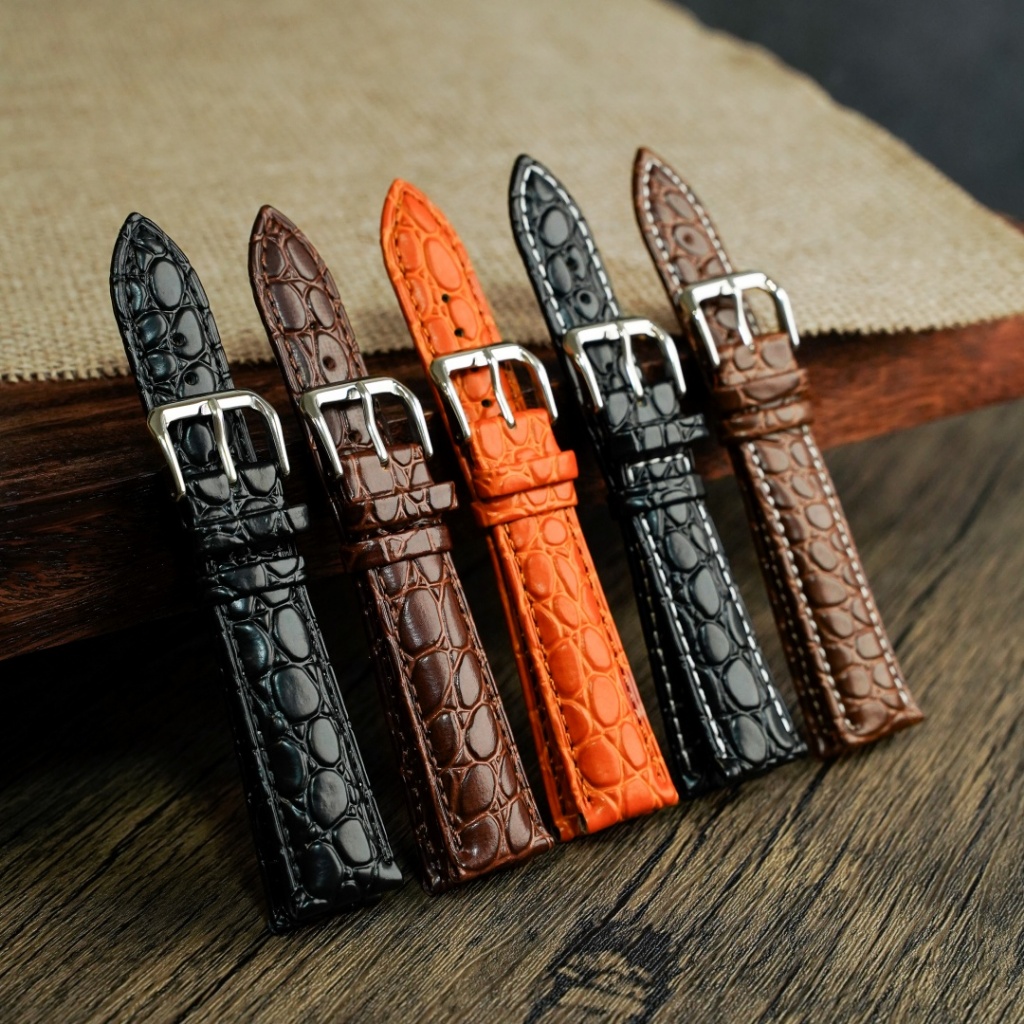 สายนาฬิกาหนังแท้ หนังวัวปั๊มลายจรเข้ ลายกลม Cowhide Leather Strap คุณภาพดี ลายชัด สวย [V07]