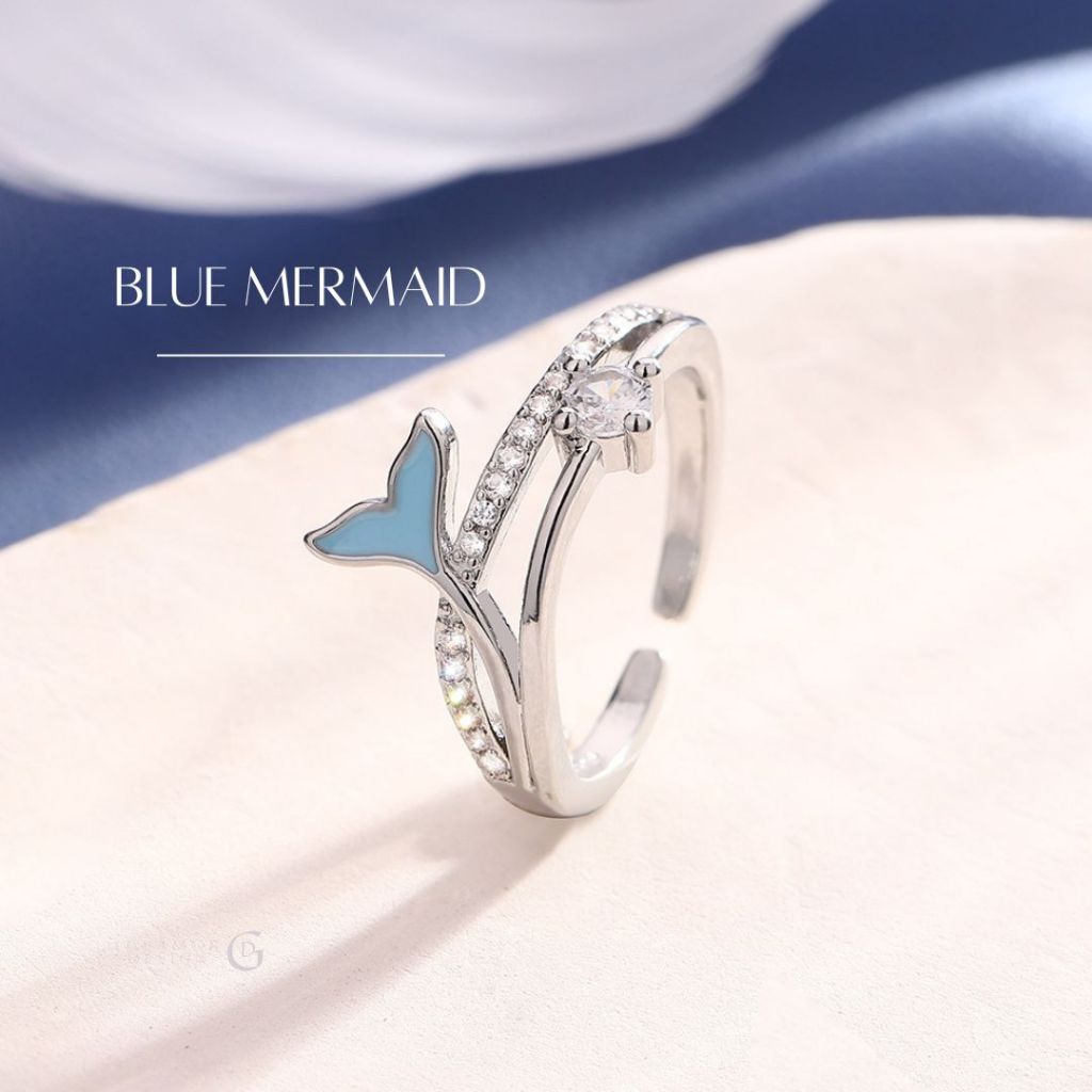 GLAMOR✨พร้อมส่ง แหวนเงินแท้ Blue Mermaid แหวนเพชร cz  แหวนแฟชั่น ปรับขนาดได้ สไตล์ใหม่ ขายดี