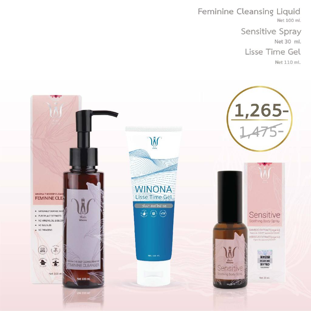 Winona (วิโนน่า) Set Feminine Liquid Cleanser 100ml + Sensitive Spray 30ml + Lisse Time Gel110 ml