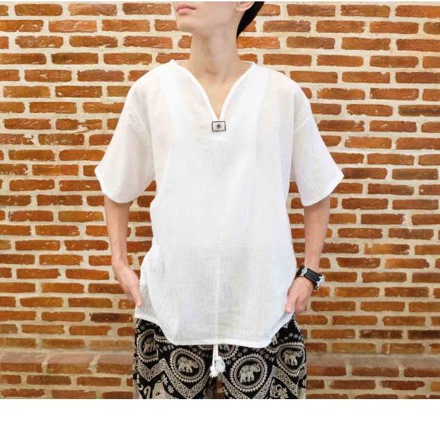 (ขายส่ง)เสื้อคอตะวัน ผ้าสาลู แขนยาว สีขาว ผ้าบางใส่สบาย
