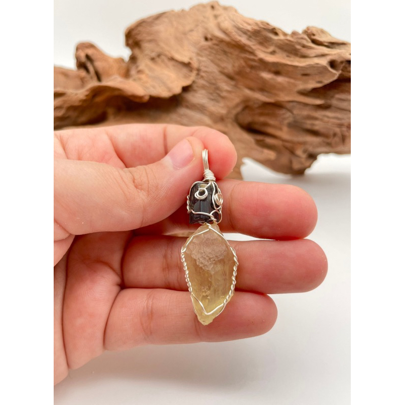 100% Natural black tourmaline With Libyan Desert Tektite Pendant available in Wire Wrap Handmade lib