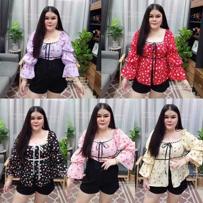 เสื้อญาญ่าลายดอกผ่าหน้ามีสม๊อคหลัง แตงโบว์