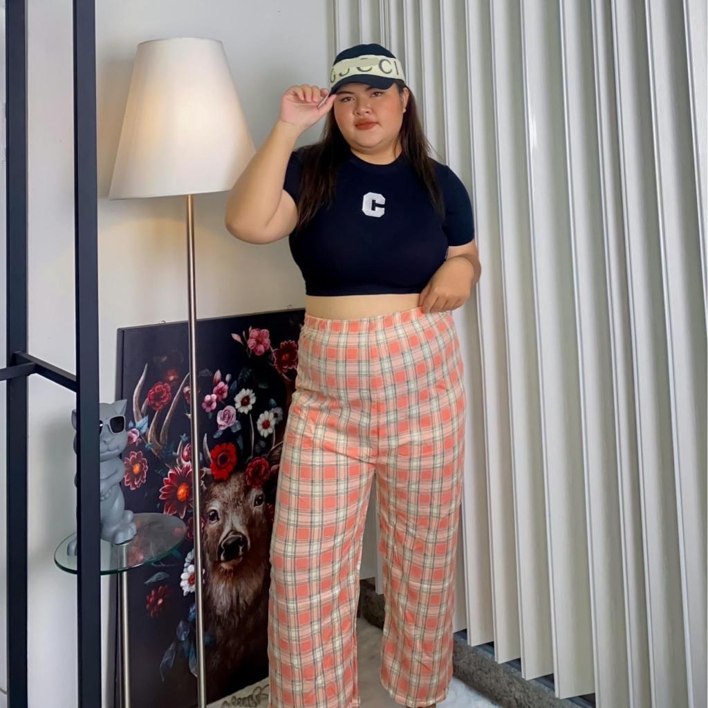 กางเกงลายตาราง สไตล์เกาหลี ลายสก็อต สาวอวบ ผู้หญิงเอวสูงยางยืด ทรงกระบอก ผ้านิ่มเด้งๆ ทิ้งตัวใส่สวย กางเกงขายาว K040