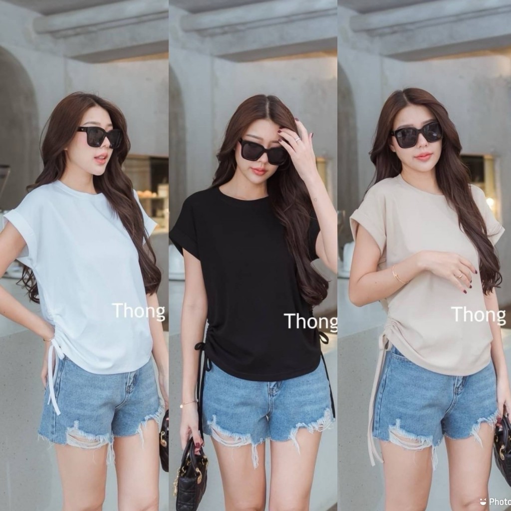 ♥ เสื้อยืด คอกลม แขนเบิ้ล รูดเชือกข้าง ผ้ายูนิโคล่ เสื้อผ้าผู้หญิง นิ่มมาก ทรงเก๋ๆ 🅰 TGL
