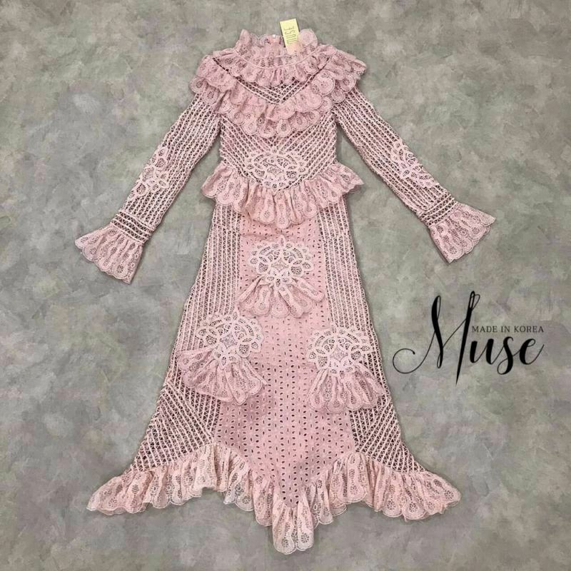 USED ป้าย Jariya ชุดเดรสลูกไม้สีชมพู sz.L