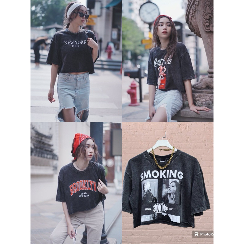 HMWE  SHOPเสื้อผ้าฟอก แขนสั้น คอกลม เสื้อครอปOversize มีแต่ลายน่ารักๆ อก 44 -46 ยาว 18ผ้าใส่สบายดูดีดูแพง