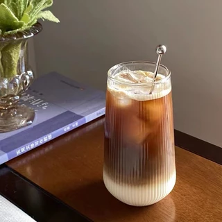 แก้วใสลายตรง แก้วกาแฟ ทรงกลม ทนความร้อน สีโปร่งใส แบบเรียบง่าย 500ml