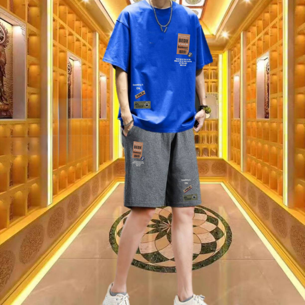 ชุดเสื้อยืดแขนสั้นใส่เที่ยวสงกรานต์+กางเกงขาสั้นสกรีนลายเท่ๆ เสื้อผ้าคอตตอนยืดใส่สบายสีไม่ตก (รหัส 2020 กางเกงสีเทา)