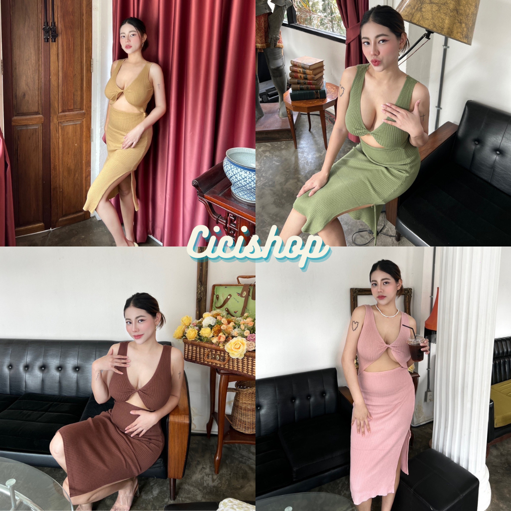 Cicishop(527)เดรสไหมพรมแขนกุด ตัวเก๋แต่งดีไซน์เว้าหลังใส่ได้2สตไล์ ผ่าข้าง แอบแซ่บเบาๆ เนื้อผ้านิ่มม