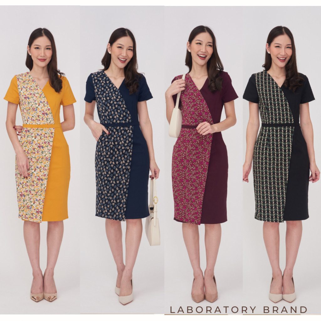 Laboratory เดรส 8671# เดรสคอวีทรงป้ายแต่งลาย มีกระเป๋า