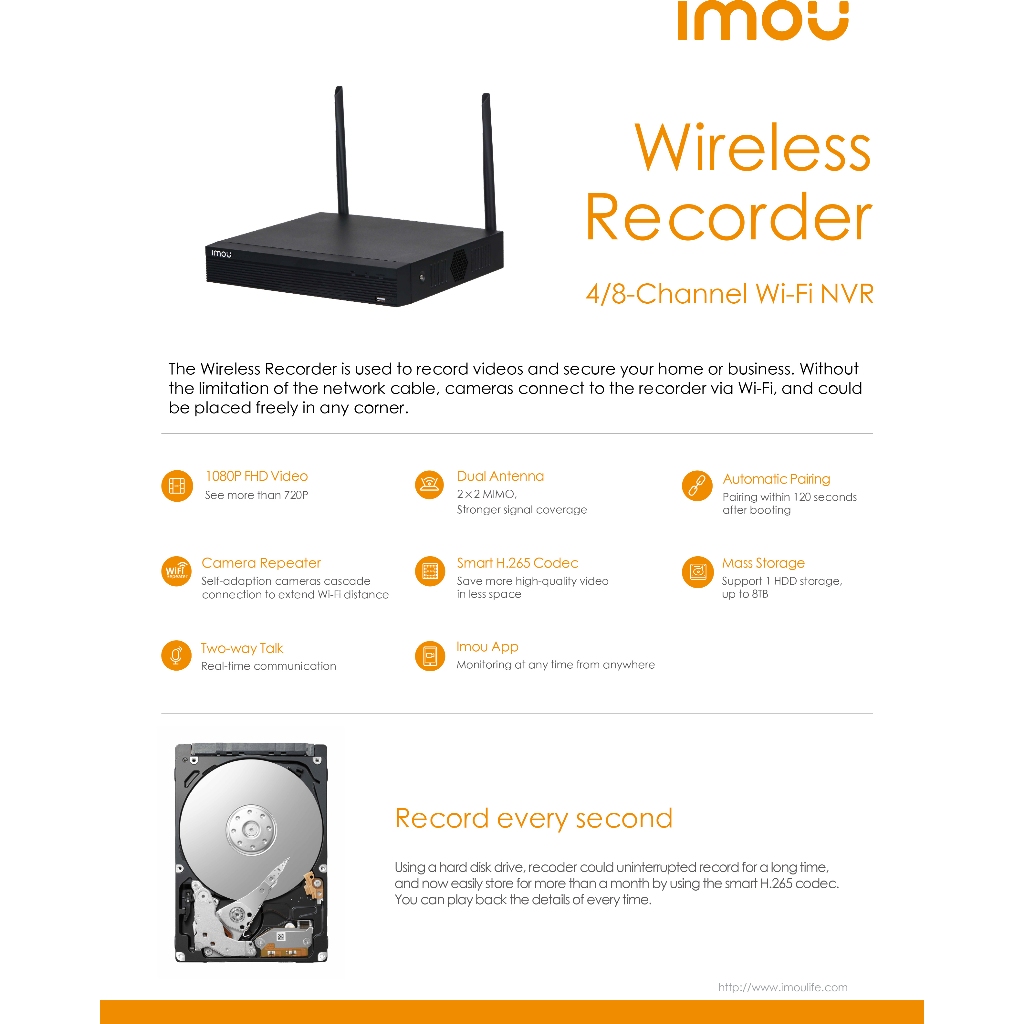 IMOU Smart Wifi Security Kit ชุดกล้องวงจรปิดไร้สาย กล้อง Bulltet 2C 4ตัว+NVR 8Ch รุ่น NVR1108HS-W-S2 1ตัว