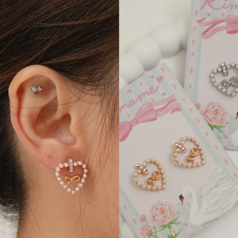 Kimmame - ต่างหู รุ่น Bow Diamond Pearl Earrings Aurora Gold ต่างหูโบว์ หัวใจ มุก