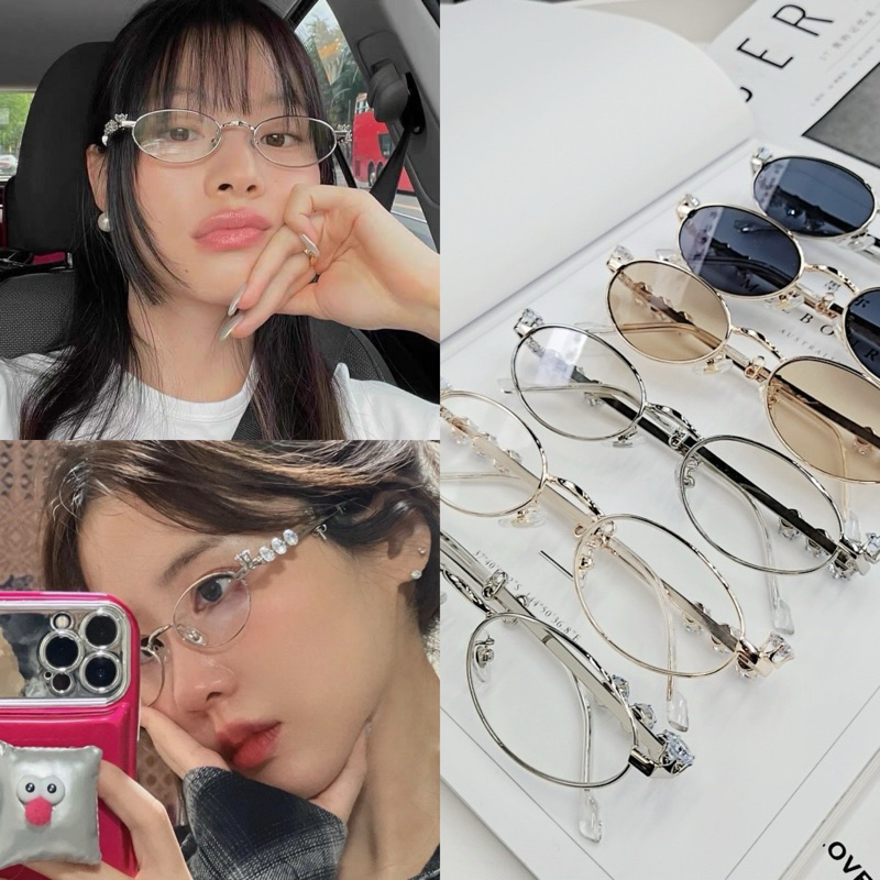 ร้านไทยพร้อมส่ง แว่นตากันแดด ประดับเพชร พลอยเทียม ทรงวงรี สไตล์เรโทร