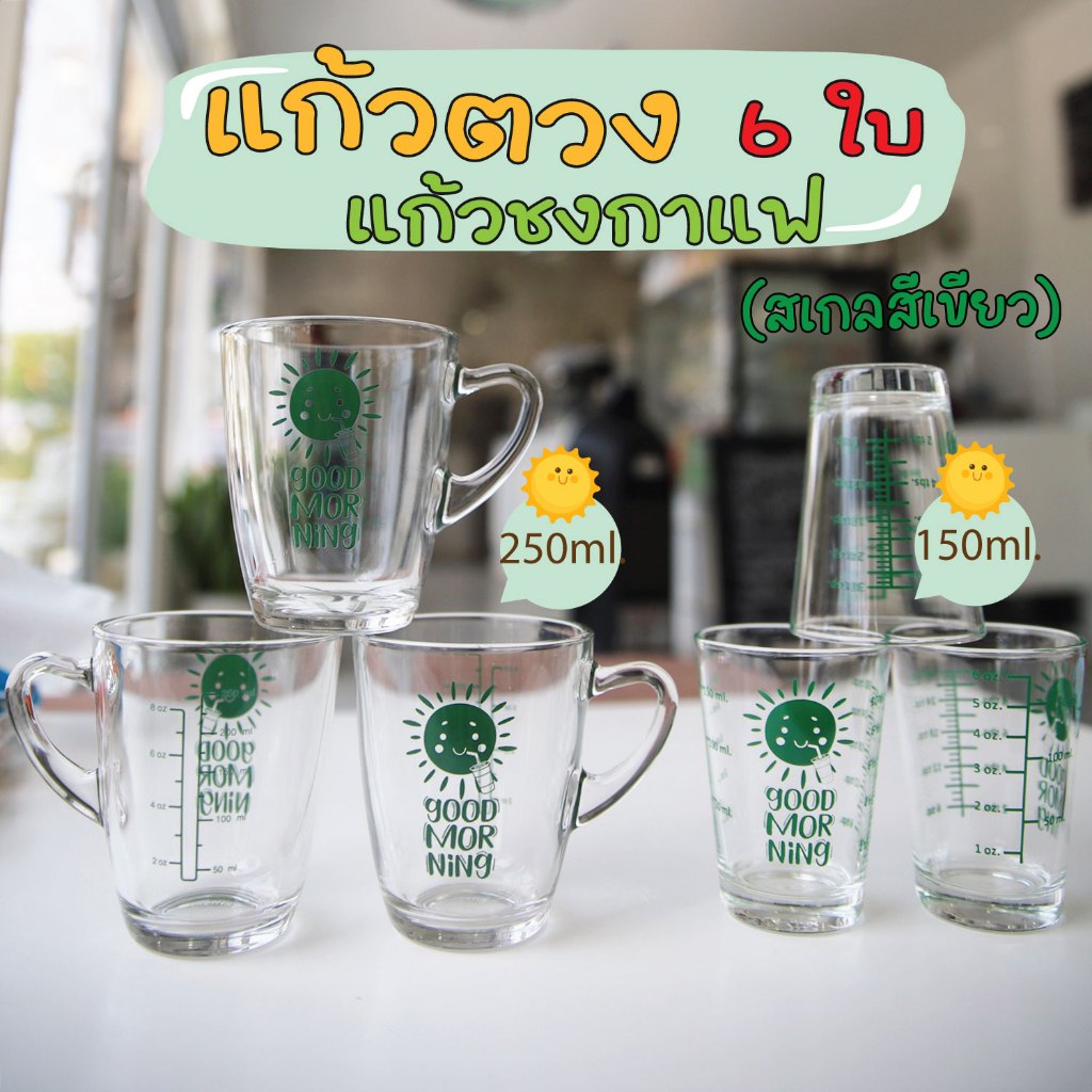 แก้วชงกาแฟ มีสเกล 8 ออนซ์/ 6 ออนซ์ ลาย Good Morning จำนวน 6 ใบ พร้อมส่ง 2-3 วันรับของ มีสเกลหลายสีให้เลือกค่ะ