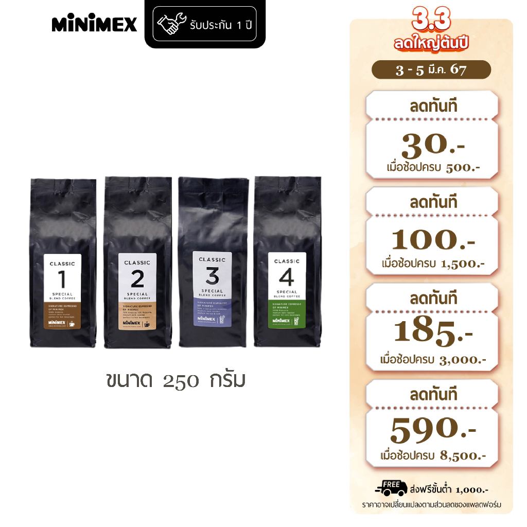 [มี 4 สูตร] Minimex เมล็ดกาแฟ Coffee Beans 250 g  (1 ถุง)