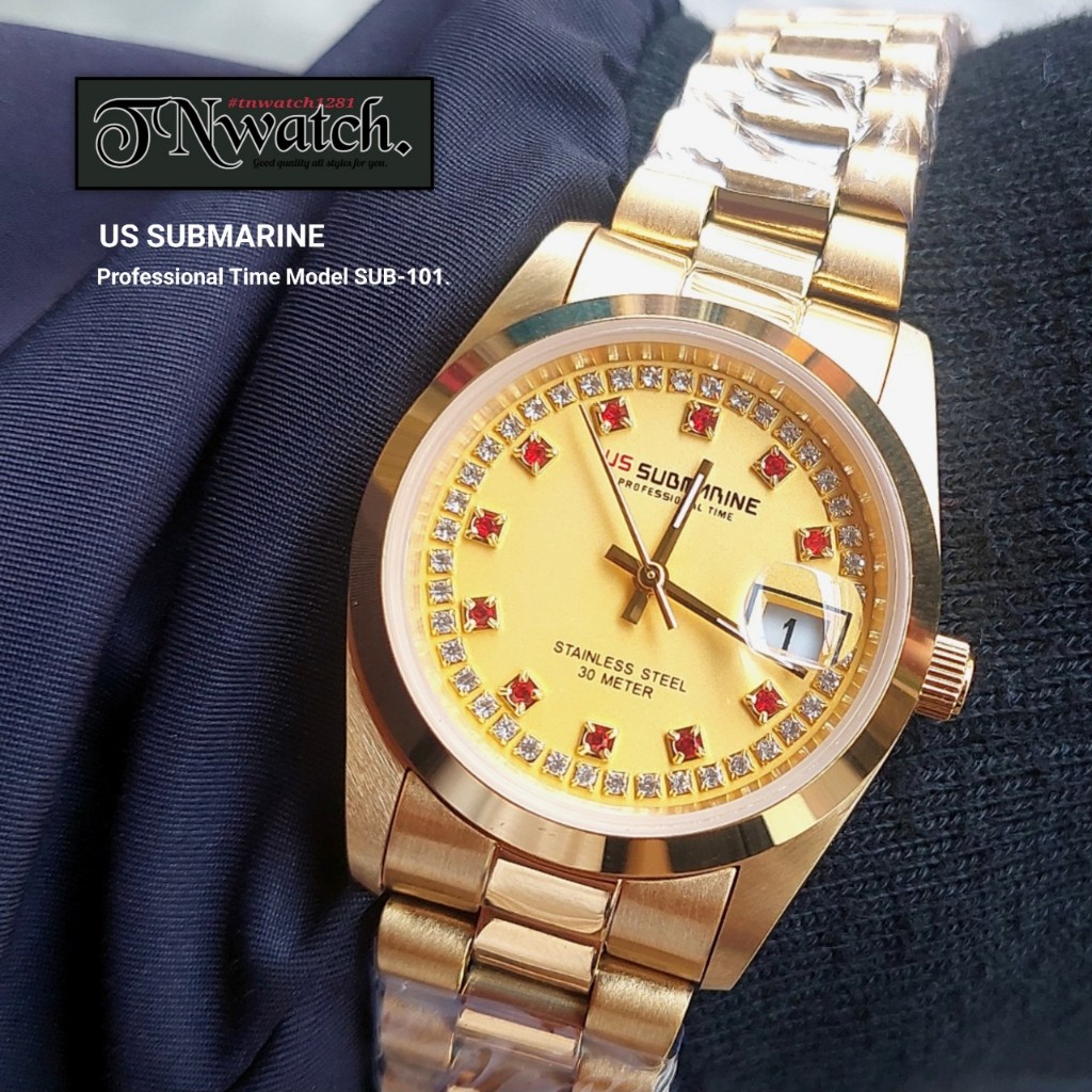 นาฬิกาus submarine รุ่น SUB-101MDD นาฬิกาผู้ชาย นาฬิกาข้อมือ นาฬิกาสแตนเลส สีทอง ทรงโรเล็กซ์ rolex มีวันที่ กันน้ำ