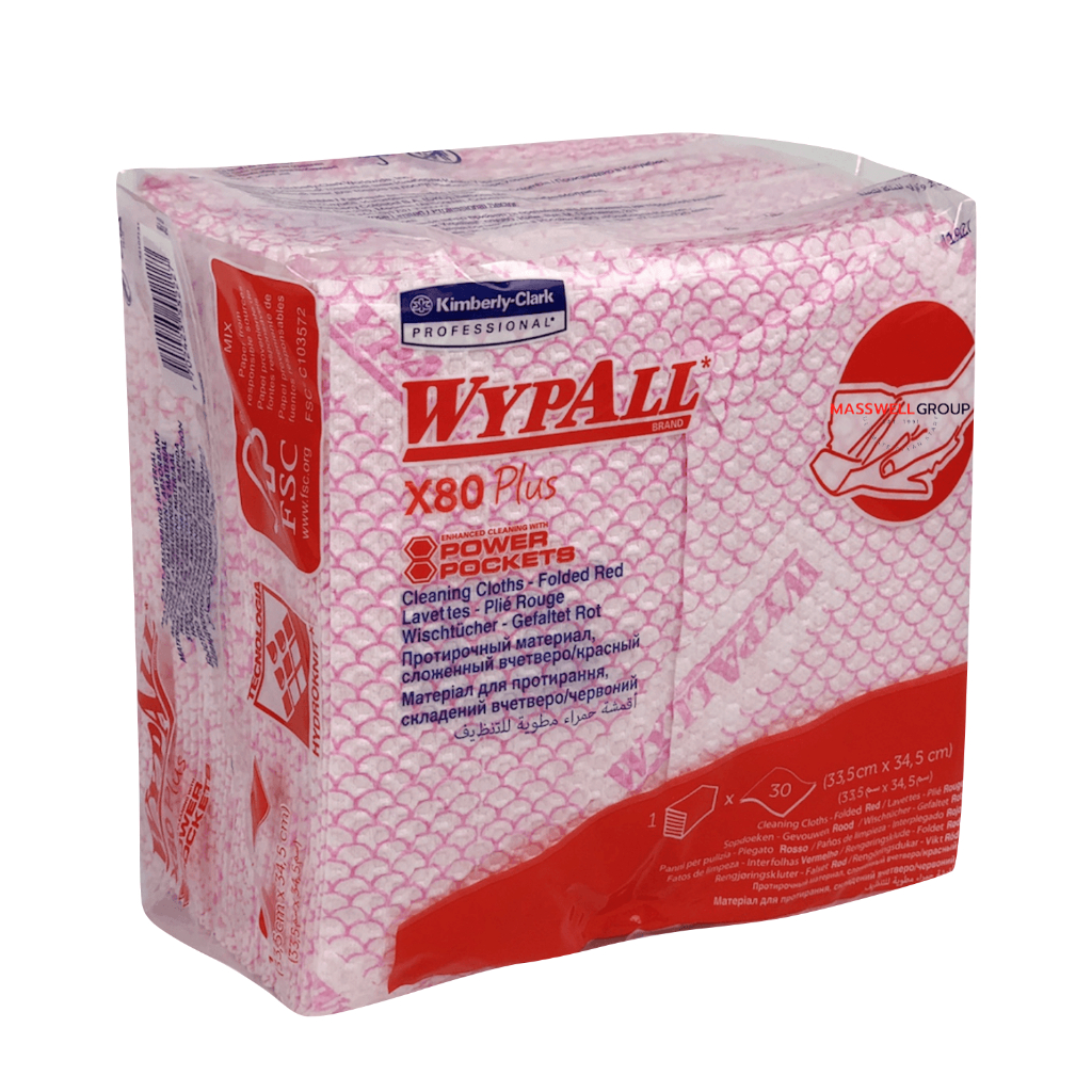 WypAll® X80 Plus Cloths 19127 - 8 packs x 30 quarter-fold, red cloths