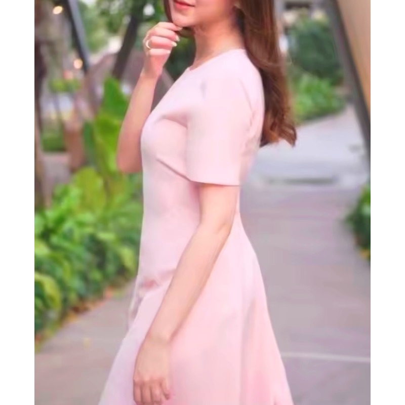 G2000  เดรสแขนสั้นสีชมพูพาสเทลทรงเข้ารูป  FIT AND FLARE (มีกระเป๋าด้านข้าง)