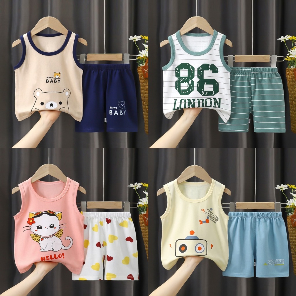 พร้อมส่ง !! เสื้อผ้าเด็ก ชุดเซ็ทเด็ก 2 ชิ้น เสื้อกล้าม+กางเกงขาสั้น ผ้าฝ้ายใส่สบายในช่วงอากาศร้อน ลายการ์ตูน น่ารัก