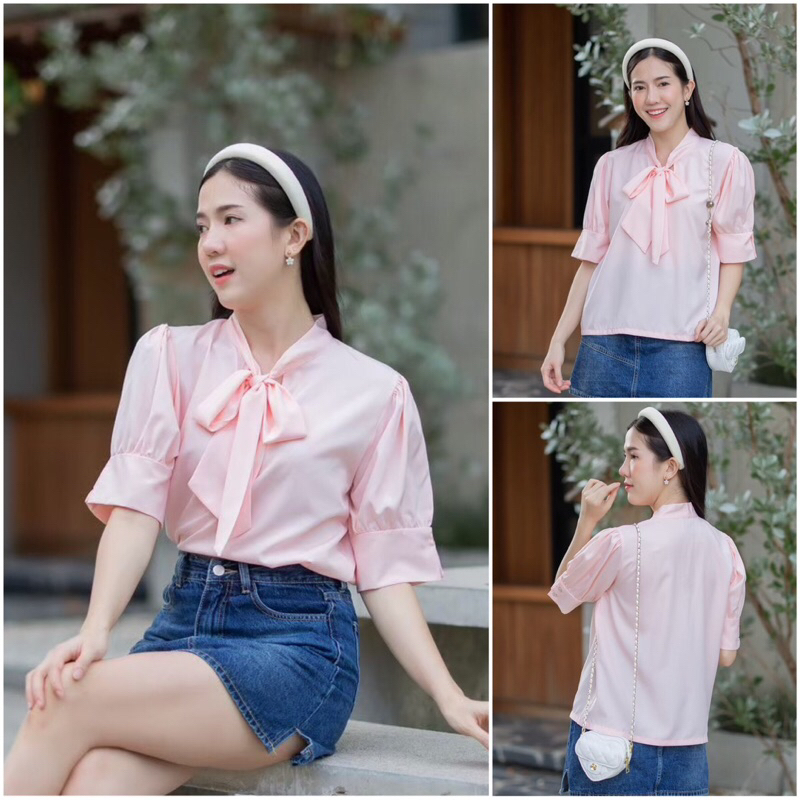 เสื้อผูกโบว์คอ แขนตุ๊กตาสามส่วน #L154SHOP_w030