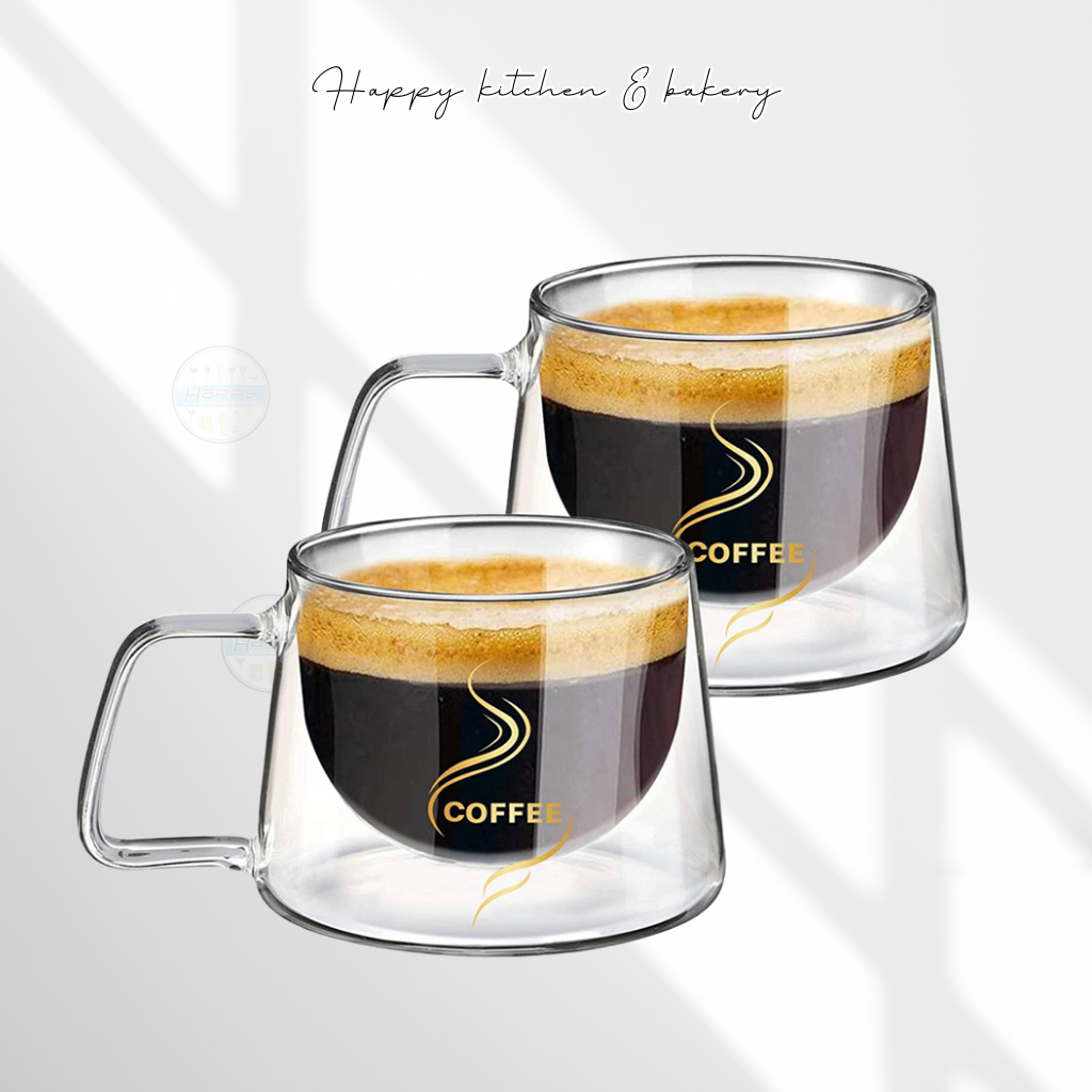 แก้วกาแฟ 2 ชั้น ทรงสวย น่ารัก สไตล์เกาหลี แบบมีหูจับ พร้อมจานรอง ผลิตจากนวัตกรรม Air Gap พร้อมจัดส่ง