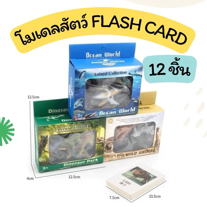 โมเดลไดโนเสาร์ โมเดลสัตว์ โมเดลสัตว์ทะเล 12 ตัว พร้อม Flash Card การ์ดจับคู่โมเดลสัตว์ Montessori Lookmaebaby