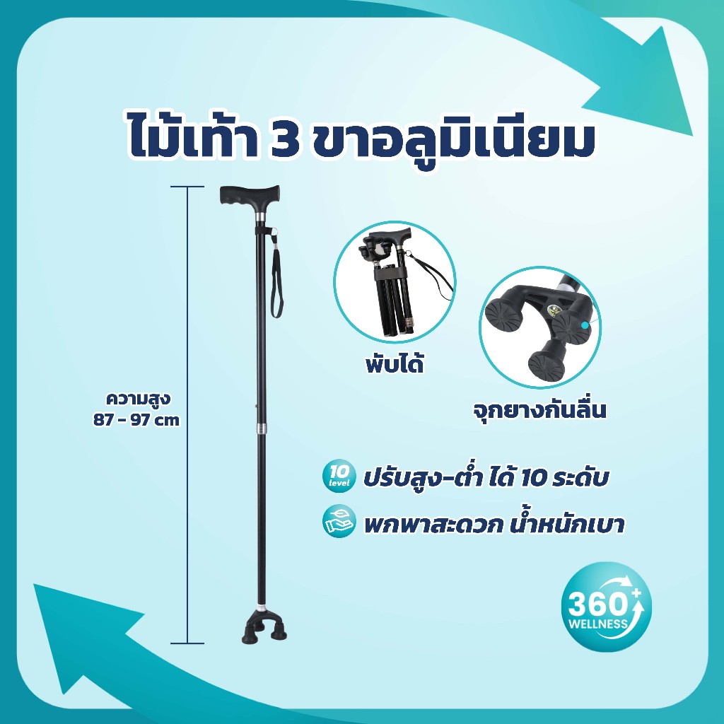[360wellness เพื่อสุขภาพครบวงจร] ไม้เท้า 3 ขา อลูมิเนียม * พับได้ * ไม้เท้าผู้สูงอายุ ช่วยพยุง ไม้เท้าคนแก่ walker