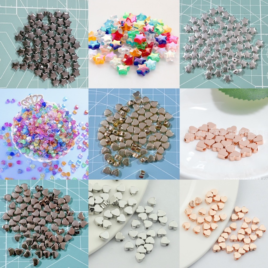 ลูกปัดอะคริลิค หัวใจ ดาว หลากสี เงินทอง สำหรับร้อยพวงกุญแจ สร้อยคอ,ข้อมือ DIY 20g