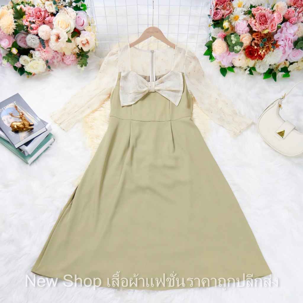ชุดเดรส สีเขียวนม คอสี่เหลี่ยม ความยาวชุด=43