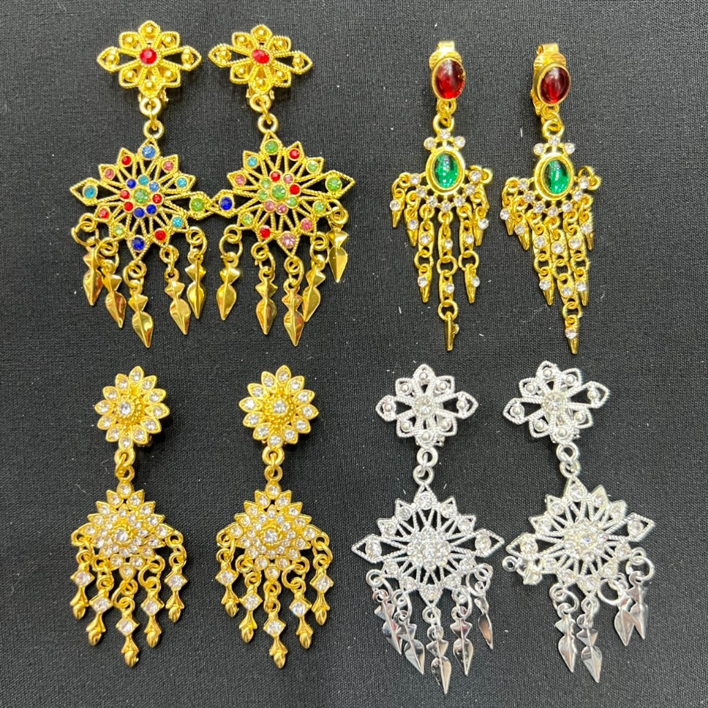 Fashionjewelry ต่างหูหนีบ สีทองพลอยใส/สี ลายไทย เครื่องประดับแต่งกาย สินค้าพร้อมส่ง