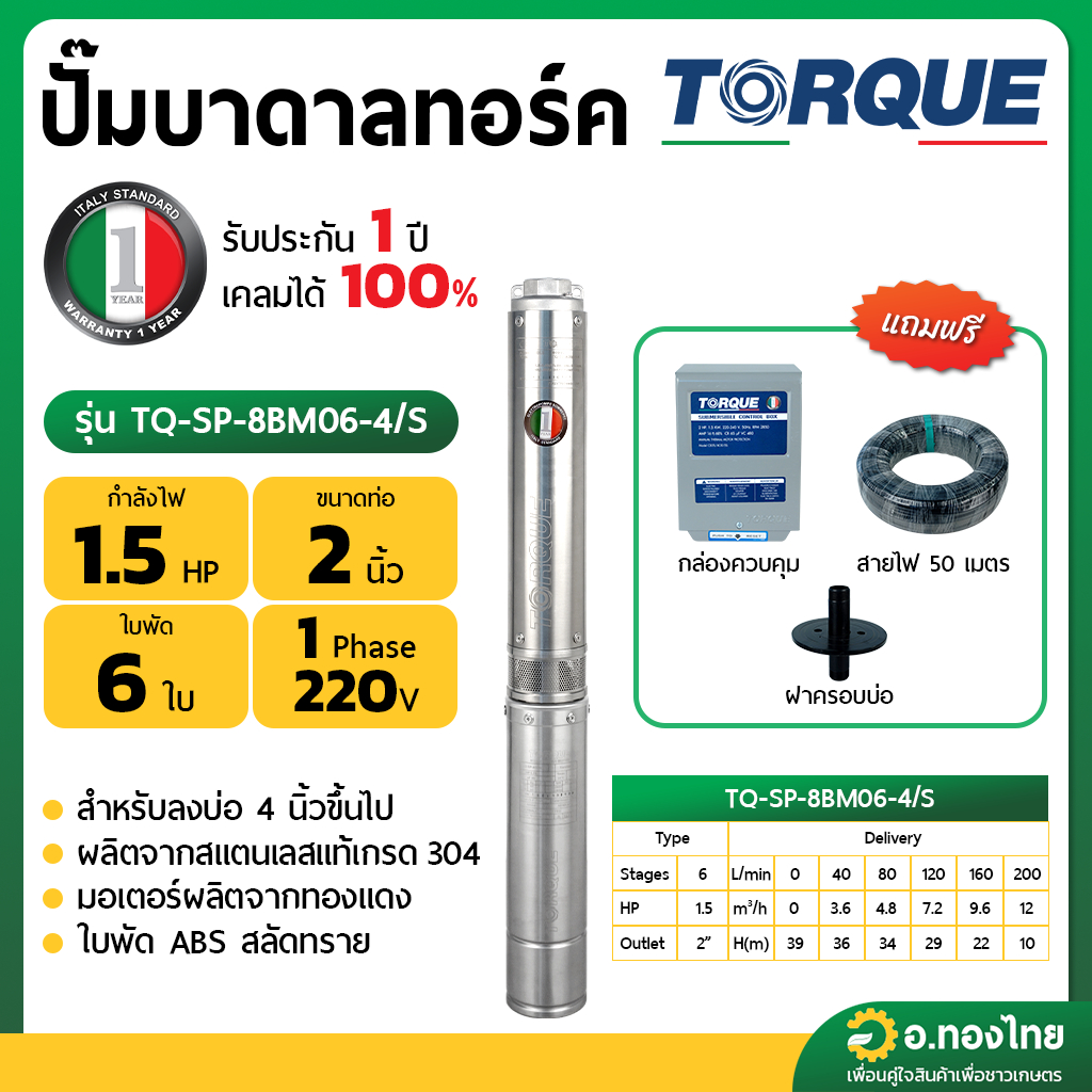 ปั๊มบาดาล ซับเมอร์ส TORQUE ทอร์ค AC 2 นิ้ว 1.5 แรง 6 ใบพัด 380 V บ่อ 4  รุ่น TQ-SP-8BM06-4/T บ่อบาดา