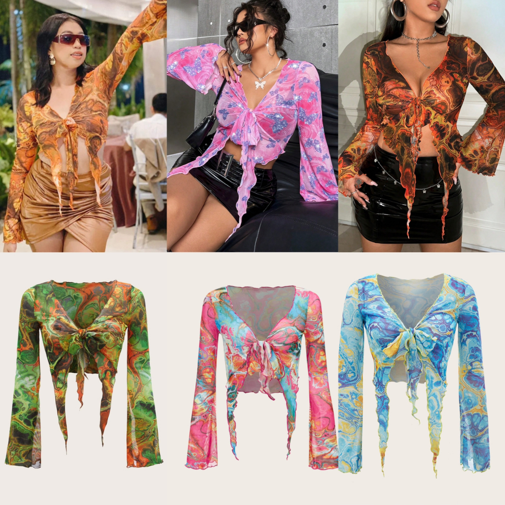พร้อมส่ง เสื้อผูกหน้าสาวอวบ ผ้าตาข่ายโปร่ง ลายกราฟิก อก 38-42นิ้ว