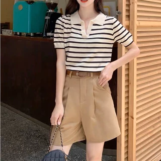 cici shop💜พร้อมส่ง เสื้อไหมพรมแขนสั้น ลายทาง เว้าหน้าลึกสุดเท่"#017"