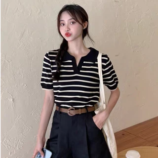 cici shop💜พร้อมส่ง เสื้อไหมพรมแขนสั้น ลายทาง เว้าหน้าลึกสุดเท่"#017"