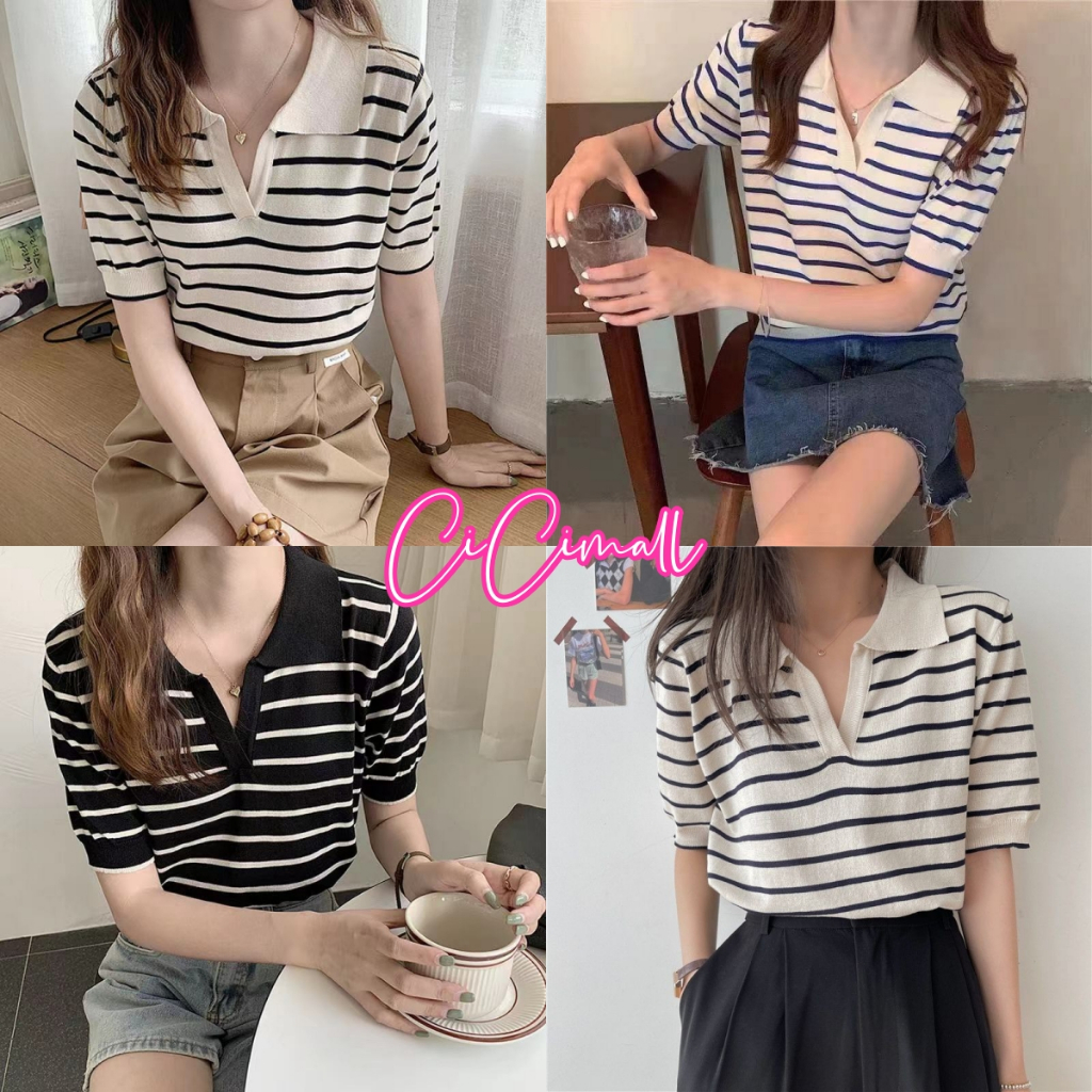 cici shop💜พร้อมส่ง เสื้อไหมพรมแขนสั้น ลายทาง เว้าหน้าลึกสุดเท่"#017"