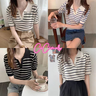cici shop💜พร้อมส่ง เสื้อไหมพรมแขนสั้น ลายทาง เว้าหน้าลึกสุดเท่"#017"