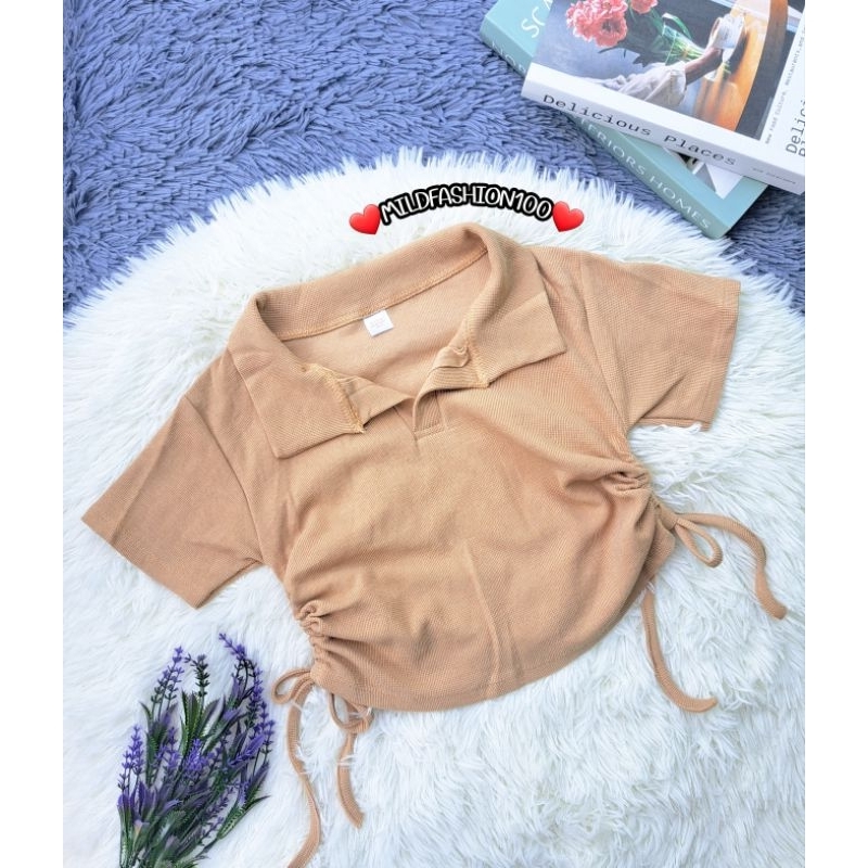 🔥Mfs100🔥เสื้อครอปคอปกรูดข้าง ผ้าไหมพรมรังผึ้ง