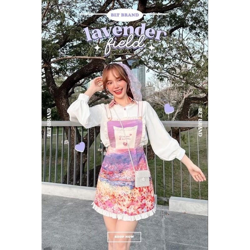 S มือ 1 BLT BRAND × give me museum รุ่น Lavender field เดรสสั้น เอี๊ยมกระโปรง เสื้อเชิ้ตสีขาว