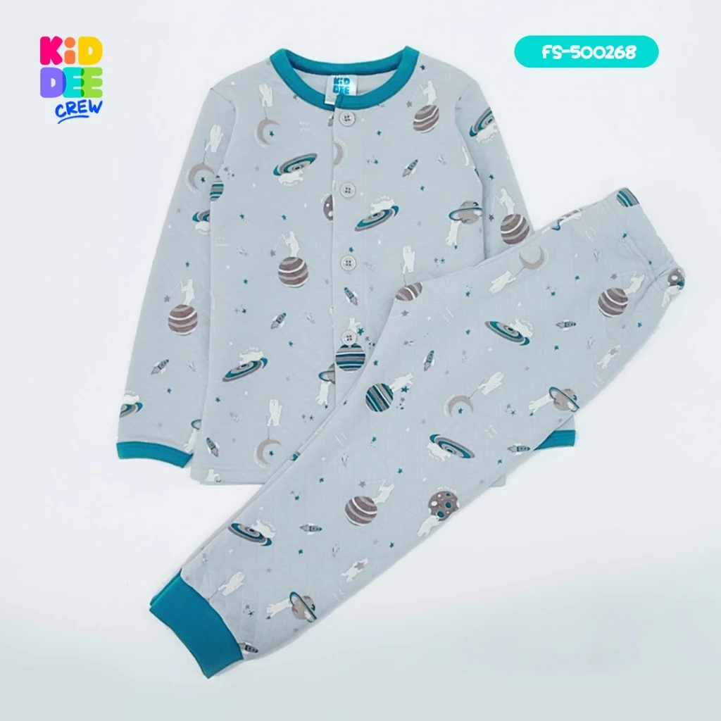 KiddeeCrew ชุดนอนเด็ก เทาเขียวหมีอวกาศ ผ้าแซนวิช เหมาะสำหรับอายุ 1-14 ปี