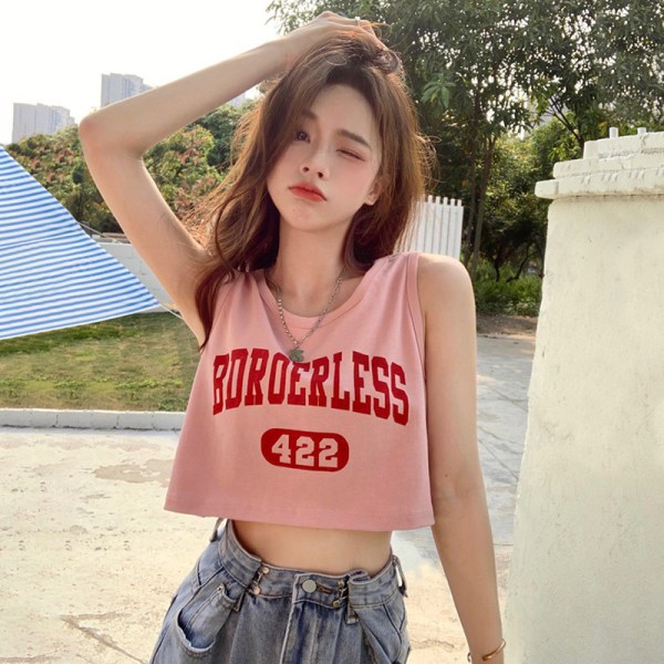 เสื้อกั๊กผู้หญิง เสื้อกั๊กพิมพ์ตัวอักษร เสื้อยืดแขนกุดหลวม