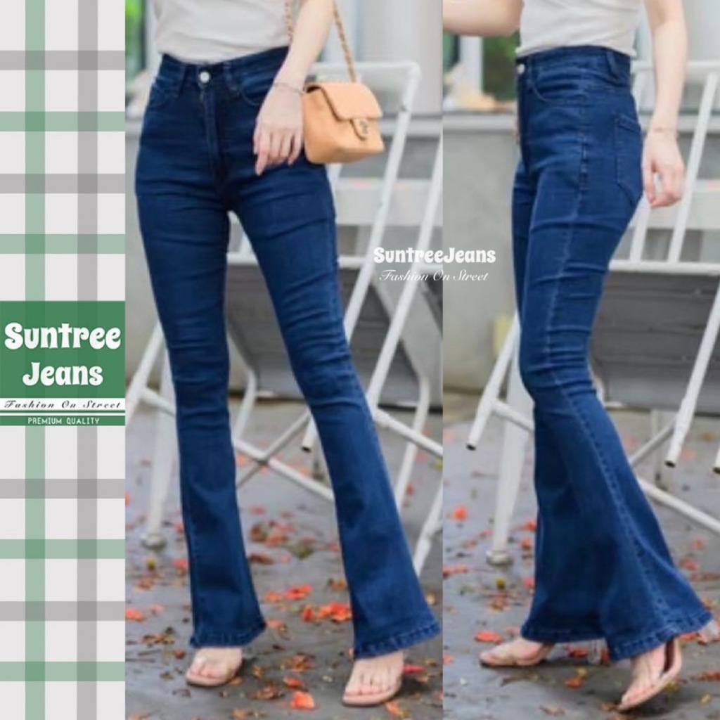 SuntreeJeans กางเกงยีนส์ ผญ กางเกงยีนส์เอวสูง กางเกงยีนส์ยืด สีขาว