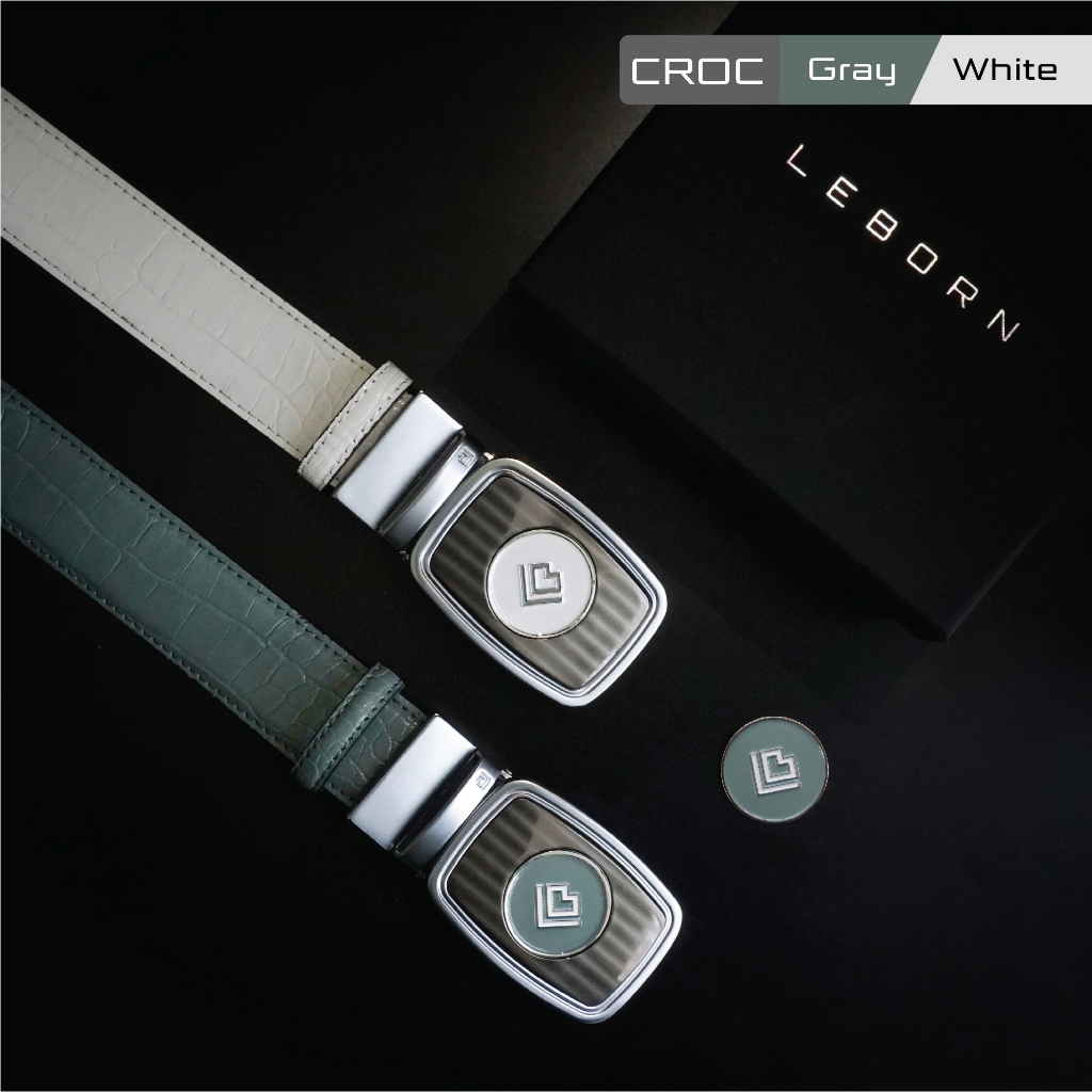 LEBORN Lebelt Croc-gyw เข็มขัดตีกอล์ฟ สลับสีเทาขาว ลายหนังจรเข้