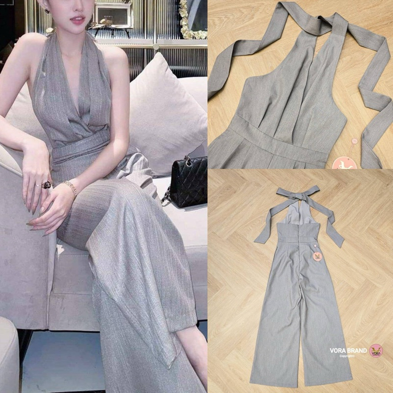 Vora Jumpsuit​  ขายาว คล้องคอ ผูกโบว์ด้านหลัง