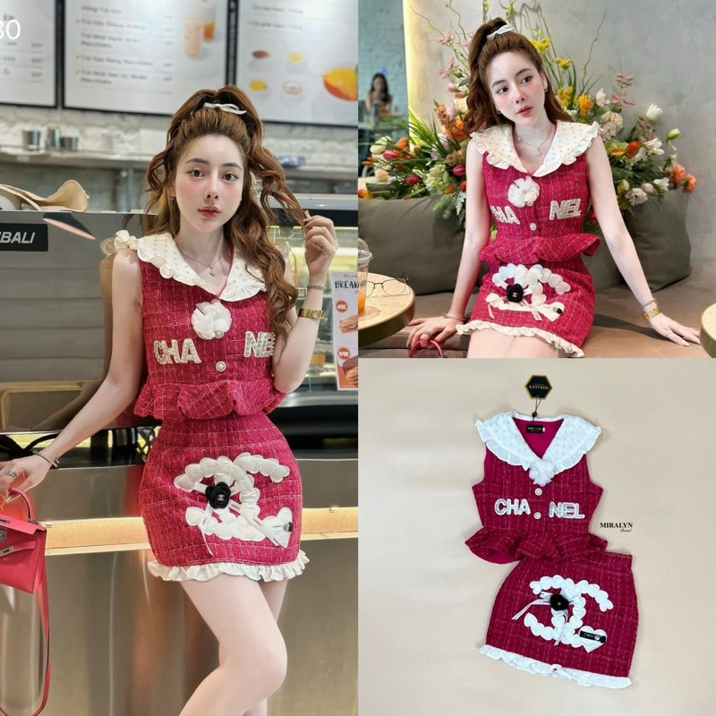 🎈 Set 2 ชิ้น เสื้อแขนกุดสีแดงผ้าทวิต #MIRALYN ✨พร้อมส่ง XS