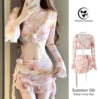 ชุดว่ายน้ำผู้หญิง set bikini ชุดว่ายน้ําลายดอกไม้ ผูกคอ 4 ชิ้น#0231