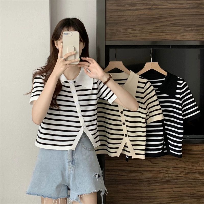 เสื้อโปโล เสื้อยืดผู้หญิง ลายทาง เนื้อผ้านุ่มลื่นใส่สบาย #60296