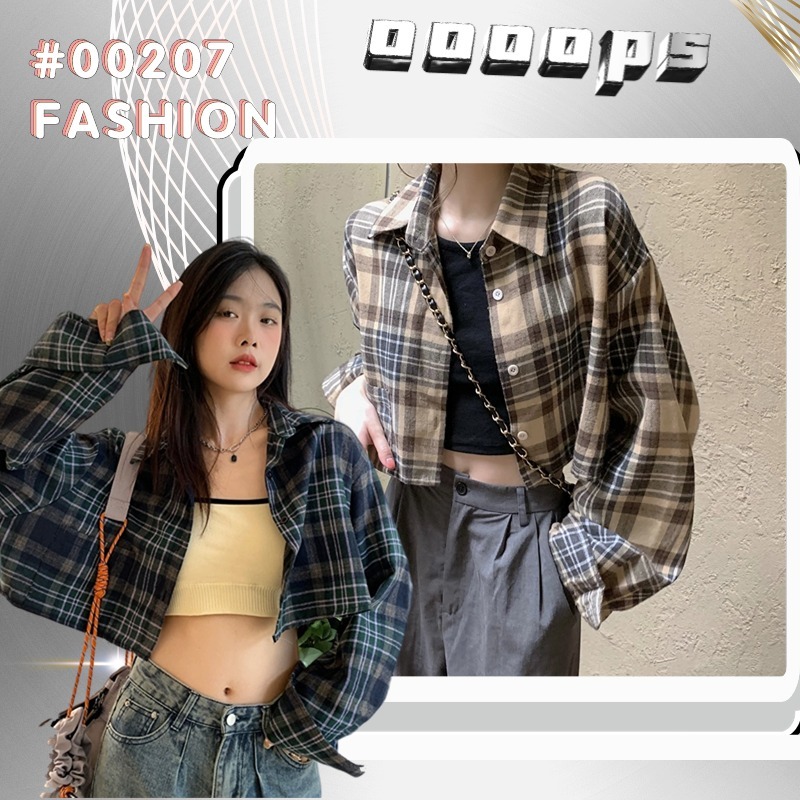 เสื้อเชิ้ตแขนยาว เสื้อแจ็กเก็ต คลุม ลายสก๊อต เข้าได้กับทุกออกเเบบ ทรงหลวม เเบบสั้น #00207