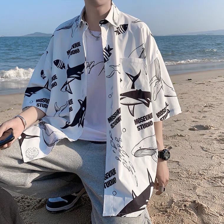 เสื้อเชิ้ตแขนสั้น เสื้อฮาวายพิมพ์ลายปลาวาฬสีขาว เสื้อชายหญิงสไตล์เกาหลี แฟชั่นฤดูร้อน พร้อมส่ง