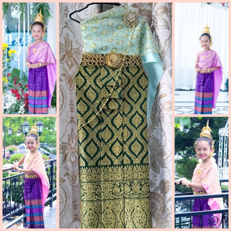 สีเขียวอ่อนชุดไทยเด็ก3-10ปีสไบและผ้าถุงเป็นยางยืดมีให้เลือก8ขนาด ราคาไม่รวมเครื่องประดับ