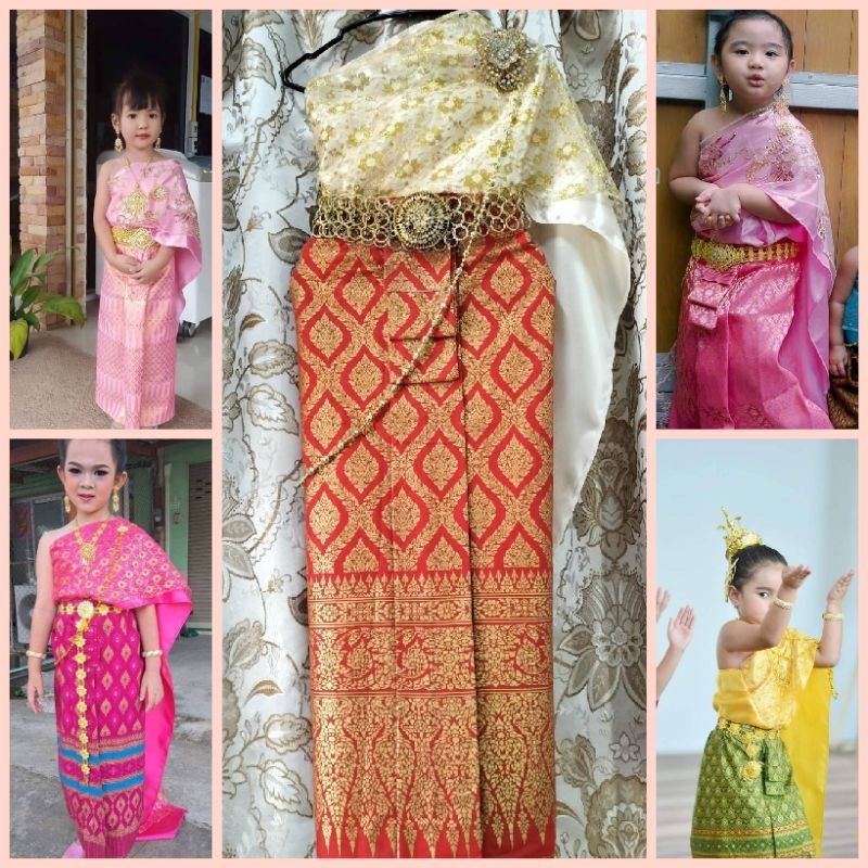 สีครีมแดงชุดไทยเด็ก3-10ปีสไบและผ้าถุงเป็นยางยืดมีให้เลือก8ขนาด ราคาไม่รวมเครื่องประดับ
